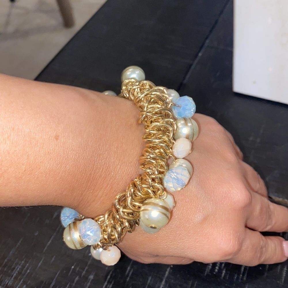 Chico’s Gold Tone Link Bead Charm Stretch Chunky Pastel Cha Cha Bracelet
